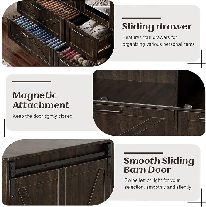 PAKASEPT Armoire Wardrobe Closet with w/Folding Sliding Barn Door | Bedroom Armoires with Mirror and LED Lights, Hanging Rod, Clothing Storage Cabinet for Bedroom (3 Doors)