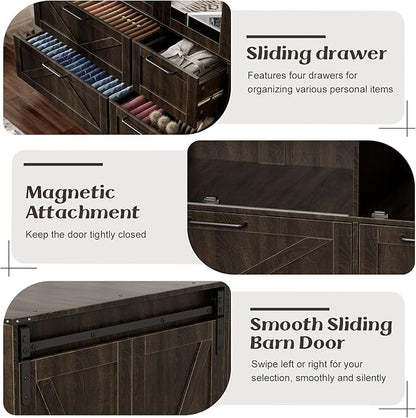 PAKASEPT Armoire Wardrobe Closet with w/Folding Sliding Barn Door | Bedroom Armoires with Mirror and LED Lights, Hanging Rod, Clothing Storage Cabinet for Bedroom (3 Doors)