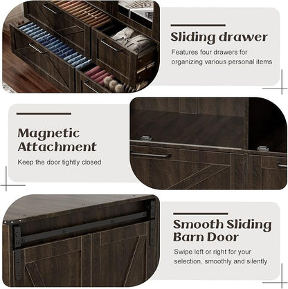 PAKASEPT Armoire Wardrobe Closet with w/Folding Sliding Barn Door | Bedroom Armoires with Mirror and LED Lights, Hanging Rod, Wardrobe Closet for Bedroom (6 Doors)