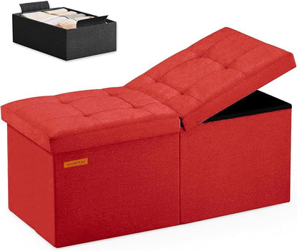 HAUSFRAU 31.5 Inches Ottoman with Storage Bench, Folding Ottoman Bench Small Foot Rest Stool, Bedroom Bench with Flipping Lid, Linen Red