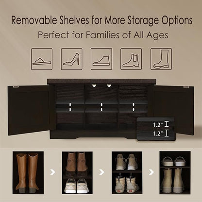 DINZI LVJ Shoe Bench, Entryway Storage Bench with Doors, Cushion, 2-Tier Shoe Rack with 6-Cubby, 31.5”L x 13.8”W Shoe Organizer Cabinet, Adjustable Shelf, Living Room, Bedroom, Espresso