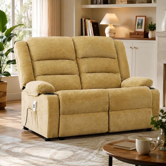 52Inch Reclining Loveseat Sofa,Power Loveseat Recliner,Electric Love seat Recliner Sofa for Bedroom,Living Room with Charging Ports,Yellow