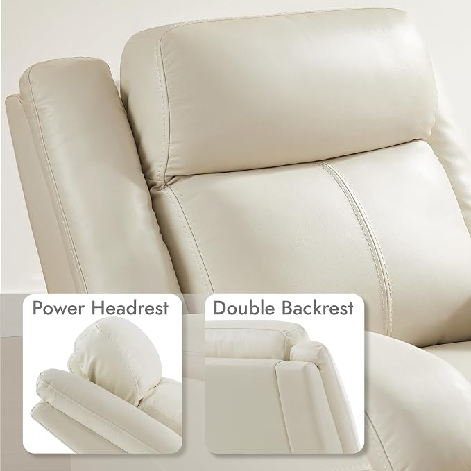 Watson & Whitely Oversized Genuine Leather Power Recliner Chairs for Big and Tall, Wall Hugger Recliner with Power Headrest & Charging Ports, Extra Large Reclining Chair for Living Room, Cream