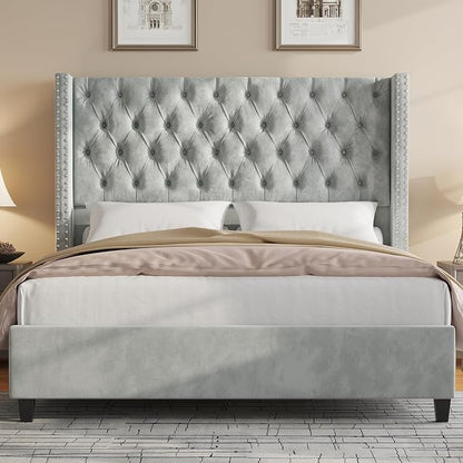 Jocisland Queen Size Bed Frame with 51.6” Wingback Tufted Velvet Headboard, Modern Upholstered Platform Bed, No Box Spring Needed, Easy Assembly, Light Grey