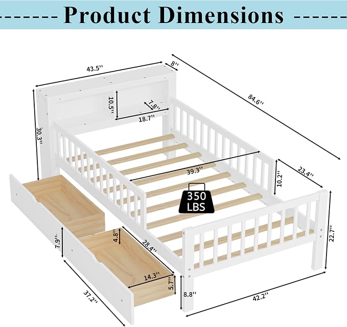 Bellemave Kids Twin Bed Frame with Fences, 2 Drawers & Storage Headboard, Twin Size Platform Bed with 3-Side Guardrails for Kids, Girls & Boys, White