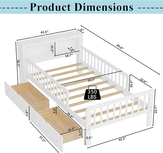 Bellemave Kids Twin Bed Frame with Fences, 2 Drawers & Storage Headboard, Twin Size Platform Bed with 3-Side Guardrails for Kids, Girls & Boys, White
