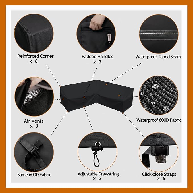Heavy Duty Outdoor Sectional Sofa Cover, 115"X115" Waterproof 600D Patio Sectional Couch Protector, Lawn Patio Furniture Covers(Midnight Black, V-Shaped-115 x115)
