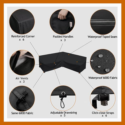 Heavy Duty Outdoor Sectional Sofa Cover, 100"x100" Waterproof 600D Patio Sectional Couch Covers, Lawn Patio Furniture Protector(Midnight Black, V-Shaped-100 x100)