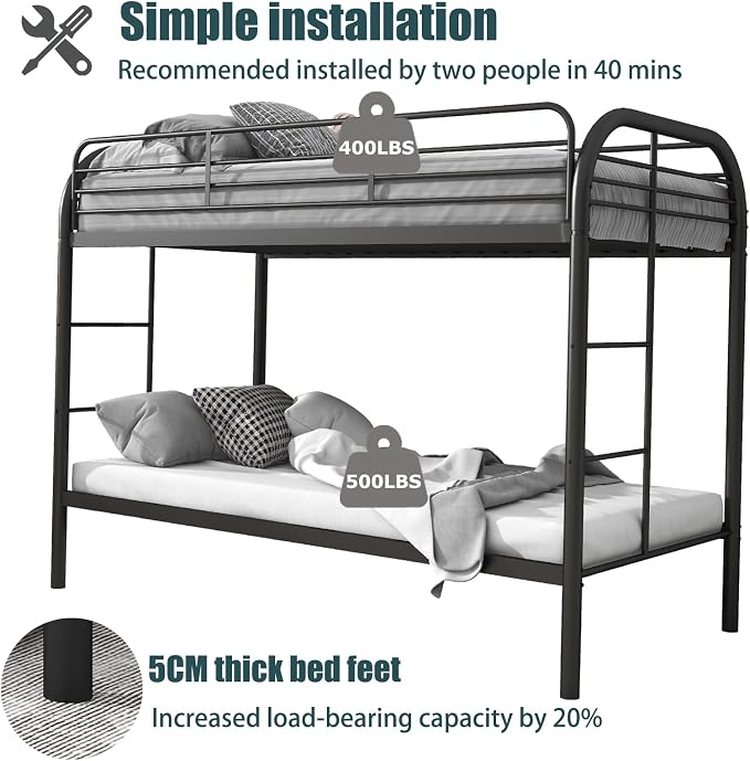 Flolinda Metal Bunk Bed Twin Over Twin, Heavy Duty Bunk Beds with 2 Ladders and 11.8" Full-Length Guardrail, Space-Saving Bunk Bed with Storage, No Box Spring Needed, Easy Assemble, Black