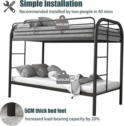 Flolinda Metal Bunk Bed Twin Over Twin, Heavy Duty Bunk Beds with 2 Ladders and 11.8" Full-Length Guardrail, Space-Saving Bunk Bed with Storage, No Box Spring Needed, Easy Assemble, Black