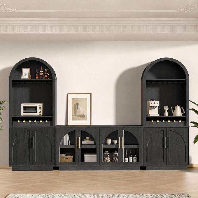 Arden Collection 3-Piece Display & Storage Cabinet Set, Arched Glass Door Sideboard and Tall Pantry Cabinets with LED Lighting, Wine Storage and Charging Station for Dining Room, Coffee Bar,Black Grey