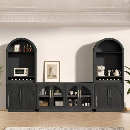 Arden Collection 3-Piece Display & Storage Cabinet Set, Arched Glass Door Sideboard and Tall Pantry Cabinets with LED Lighting, Wine Storage and Charging Station for Dining Room, Coffee Bar,Black Grey