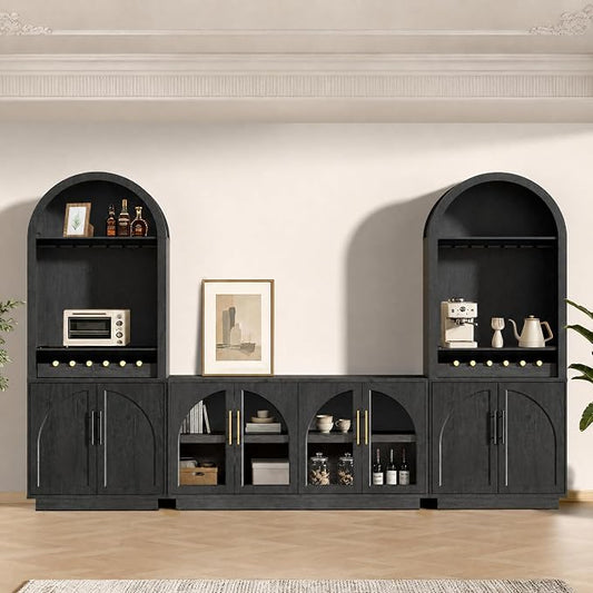 Arden Collection 3-Piece Display & Storage Cabinet Set, Arched Glass Door Sideboard and Tall Pantry Cabinets with LED Lighting, Wine Storage and Charging Station for Dining Room, Coffee Bar,Black Grey