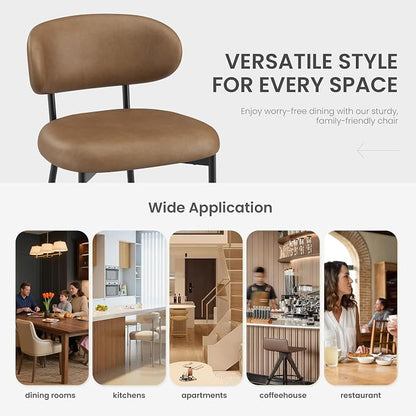 Upholstered Dining Chairs Set of 4, Modern Faux Leather Kitchen Chairs with Curved Backrest and Cushioned Seat, Sturdy Metal Legs, Comfortable Accent Chairs for Kitchen Dining Room, Living Room,Brown