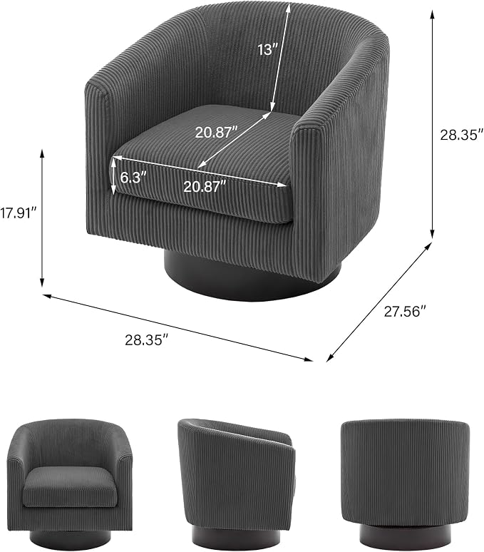 Swivel Barrel Accent Chair, Modern Round Corduroy Fabric Arm Chair for Living Room, Bedroom, Comfy Club Reading Chairs for Adults (Corduroy Grey, Set of 4)