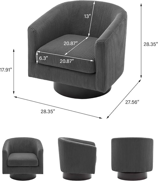 Swivel Barrel Accent Chair, Modern Round Corduroy Fabric Arm Chair for Living Room, Bedroom, Comfy Club Reading Chairs for Adults (Corduroy Grey, Set of 1)