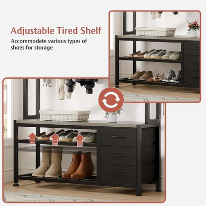Lulive Hall Tree with 3 Drawers, Industrial Entryway 39.4" Coat Rack Shoe Bench, Freestanding Mudroom Organizer with 12 Hooks, Top Shelf Storage (Grey)