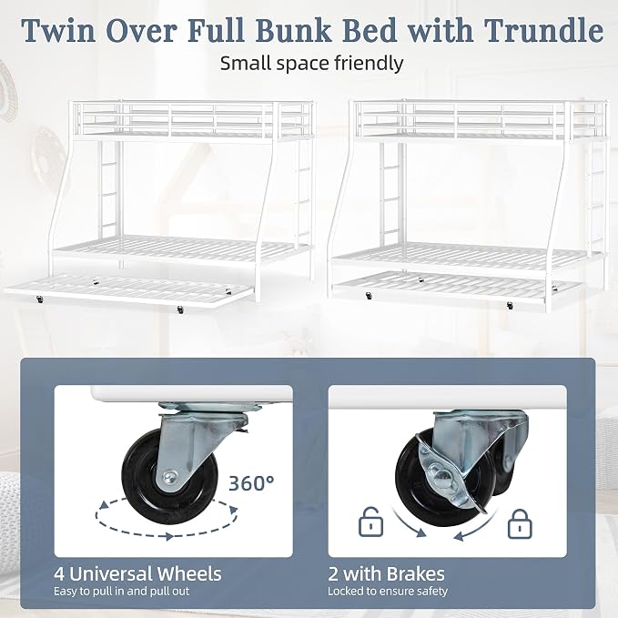 Shintenchi Bunk Bed Twin Over Full Size with Trundle, Heavy-Duty Twin&Full Frame with Full-Length Guardrail and Two Ladders, Triple for Kids, Teens and Adults, Space-Saving, White