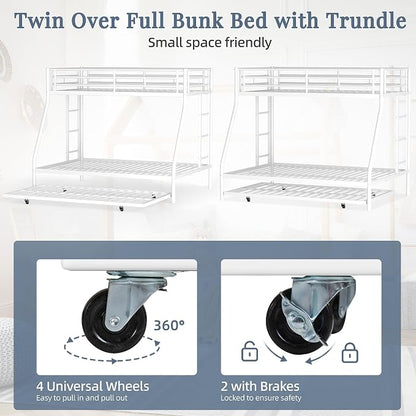 Shintenchi Bunk Bed Twin Over Full Size with Trundle, Heavy-Duty Twin&Full Frame with Full-Length Guardrail and Two Ladders, Triple for Kids, Teens and Adults, Space-Saving, White