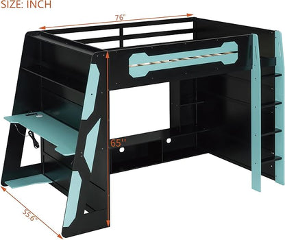 Merax Full Size Loft Bed with Desk, Multi-Storage Shelves and RGB Light | Space-Saving Wooden Gaming Bed Frame with Charging Station and Guardrail