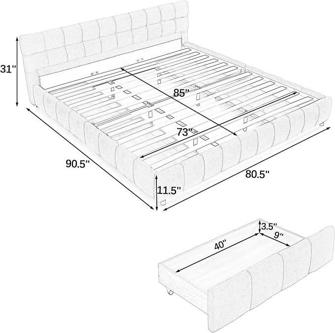 KEIKI King Thick Chenille Bed Frame with 4 Storage Drawer & Upholstered Tufted Headboard, Modern Solid Wood Floor Platform for Bedroom, No Box Spring Needed