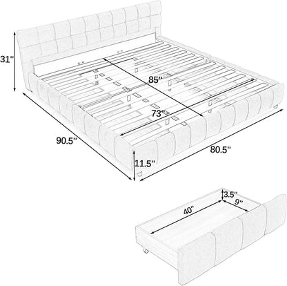 KEIKI King Thick Chenille Bed Frame with 4 Storage Drawer & Upholstered Tufted Headboard, Modern Solid Wood Floor Platform for Bedroom, No Box Spring Needed