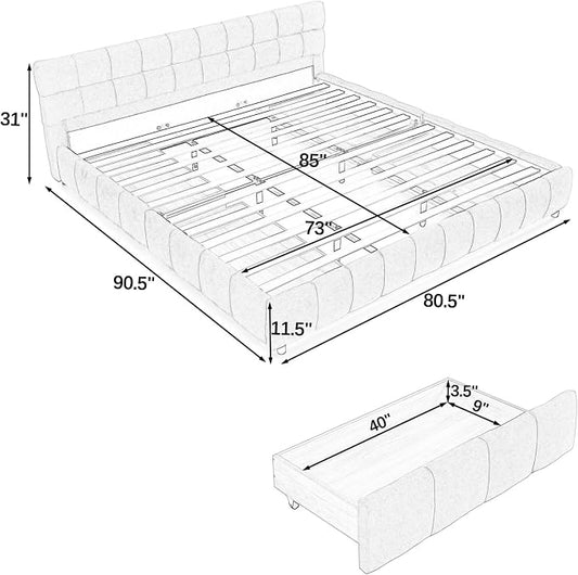 KEIKI King Thick Chenille Bed Frame with 4 Storage Drawer & Upholstered Tufted Headboard, Modern Solid Wood Floor Platform for Bedroom, No Box Spring Needed