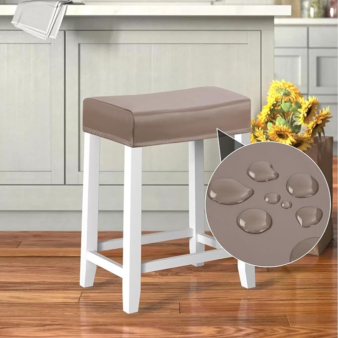 YISUN Stool Covers Rectangle - 2 Pack Stretch Waterproof Saddle Seat Cover Counter Bar Stools Bar Chairs Covers Kitchen Island Chairs Cushion Protector (2, Pu Leather-Chocolate)