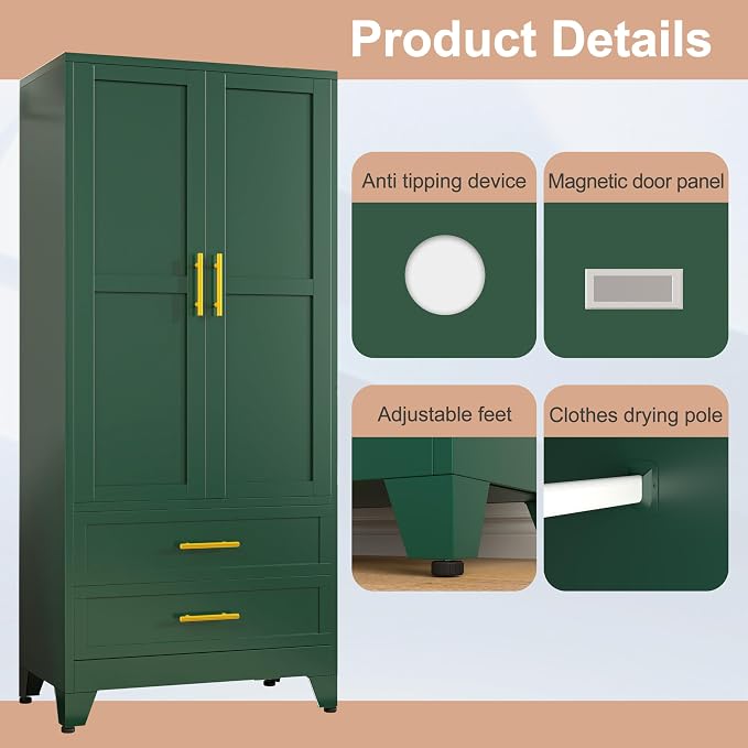 PAOFIN Green 71" Metal Armoire Wardrobe Closet, Bedroom Clothing Storage Cabinet with 2 Drawers and Hanging Rod, Freestanding Armoire Cabinet with Adjustable Shelves