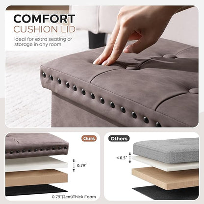 oakvivo 16x12x12 Inches Folding Cube Storage Ottoman, Small Leather Foot Rest Stool with Button Tufted Rivet Design, Footstool Bench, Ottoman with Storage for Living Room, Coffee Table, Oak Brown