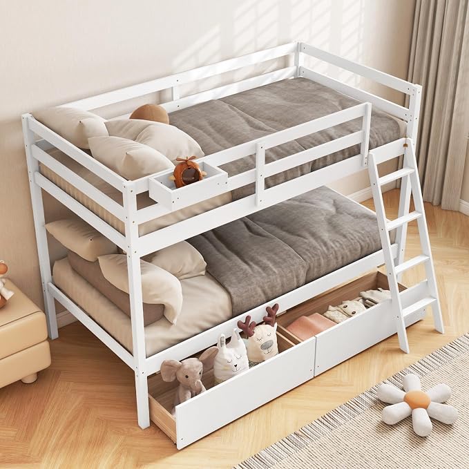 KOTEK Bunk Bed Twin Over Twin with 2 Storage Drawers, Solid Wood Bunk Bed Frame with Storage Cube, Guardrails, Ladder, No Box Spring Needed, Twin Bunk Beds for Kids Teens (White)