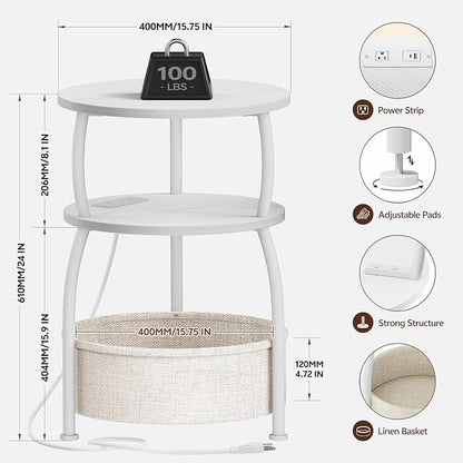 Round Side Table with Charging Station, USB Type C Port, White | Small Table with Storage Basket,Tall Side Table for Sofa,Small Spaces, Nightstand for Living Room Bedroom, 15.75in