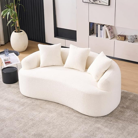 65" Curved Loveseat for Small Spaces,Boneless Loveseat Sofa,Wood Grain Chenille Fabric, No Installation Requirement, Curved Sofa Couch for Apartment,Living Room,Office (Cream White, 65")