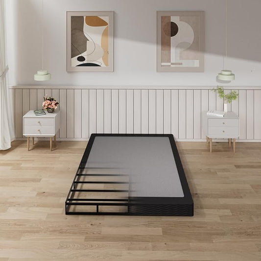 Tyndall 5 Inch Box Spring Full Size Bed Base, Low Profile Heavy Duty Metal Mattress Foundation with Fabric Bed Cover, Non-Slip, No Noise, Easy Assembly, Black