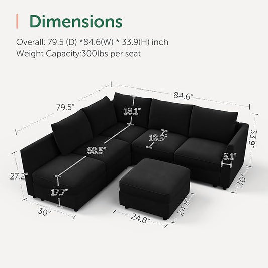 HONBAY Modular Sectional Couch L Shaped Sectional Sofa with Storage Velvet Convertible Sectional Couches for Living Room,Black
