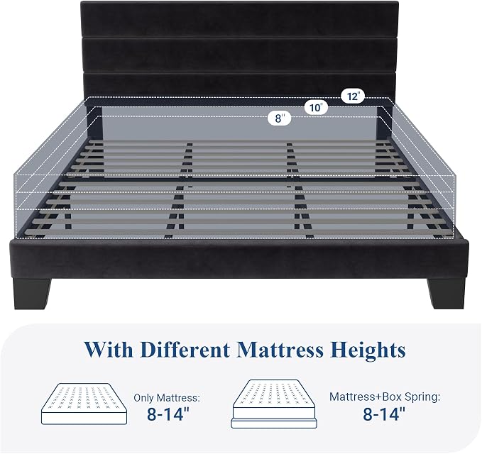 Allewie King Size Platform Bed Frame with Velvet Upholstered Headboard and Wooden Slats Support, Fully Upholstered Mattress Foundation/No Box Spring Needed/Easy Assembly, Black