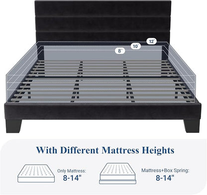 Allewie King Size Platform Bed Frame with Velvet Upholstered Headboard and Wooden Slats Support, Fully Upholstered Mattress Foundation/No Box Spring Needed/Easy Assembly, Black