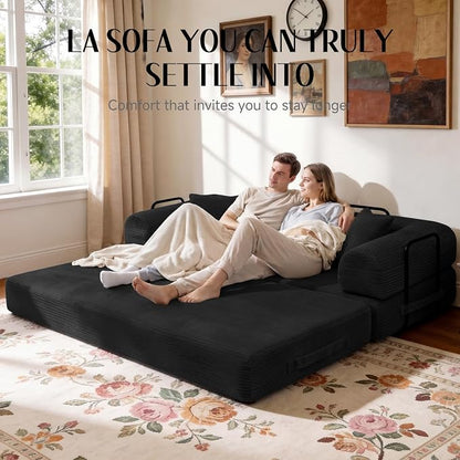 78.8" Memory Foam Boneless Couch, Corduroy Floor Sofa Bed, Convertible Sleeper Futon Loveseat, Wide Armrests & Back Support, Supports Up to 1200 lbs, Couch in a Box with 2 Pillows, Black