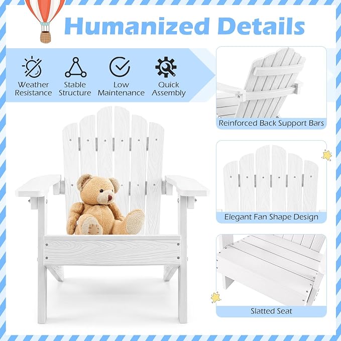 Costzon Kids Adirondack Chair, All-Weather HIPS Toddler Outdoor Chair, Wooden Textured Plastic Fire Pit Chair, Kids Patio Chair for Backyard Lawn Garden, Fits Children Age 3-7 Years (1, White)