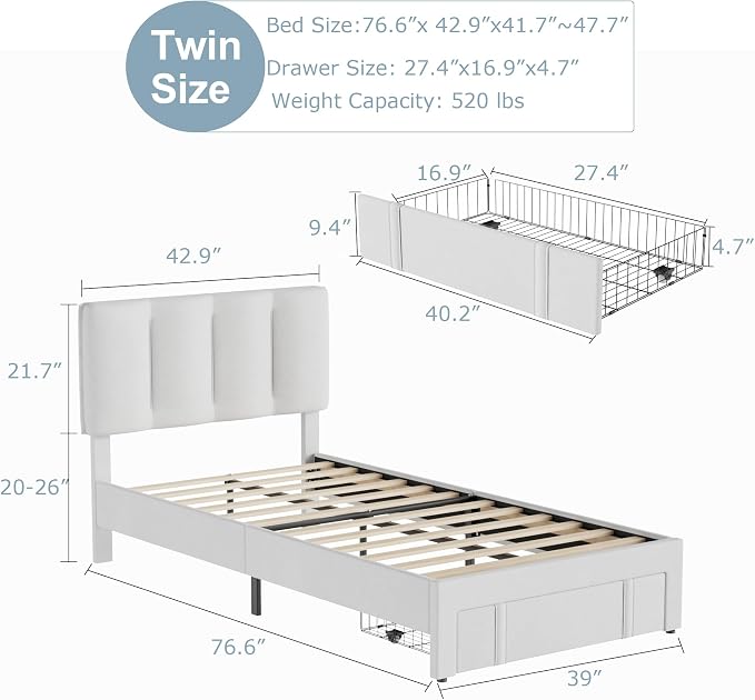 VECELO Twin Bed Frame with Storage Drawer, Heavy-Duty Platform Bedframe with Headboard & Strong Wooden Slats Support, No Boxing Spring Needed, Pure White