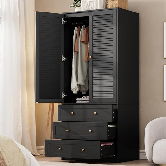 GarveeHome Armoire Wardrobe Closet with 3 Drawers, 69.5" Wooden Wardrobe Cabinet, Hanging Rod, 2 Doors Clothing Storage Cabinet for Bedroom, Large Capacity Storage, Louvered Door, Black