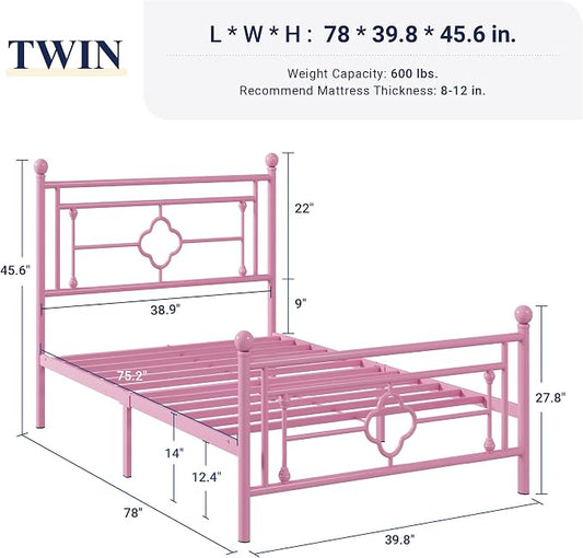 Allewie Twin Size Metal Platform Bed Frame with Victorian Vintage Headboard and Footboard/Mattress Foundation/Under Bed Storage/No Box Spring Needed/Noise-Free/Easy Assembly, Pink
