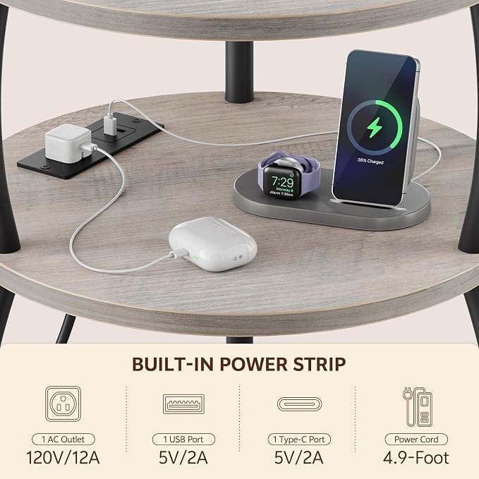 Round Side Table with Charging Station, USB Type C Port, Greige | End Table with Power Outlet and Basket, Space Saving, 3-Tier Nightstand, Corner Stand, for Living Room, Bedroom, Patio