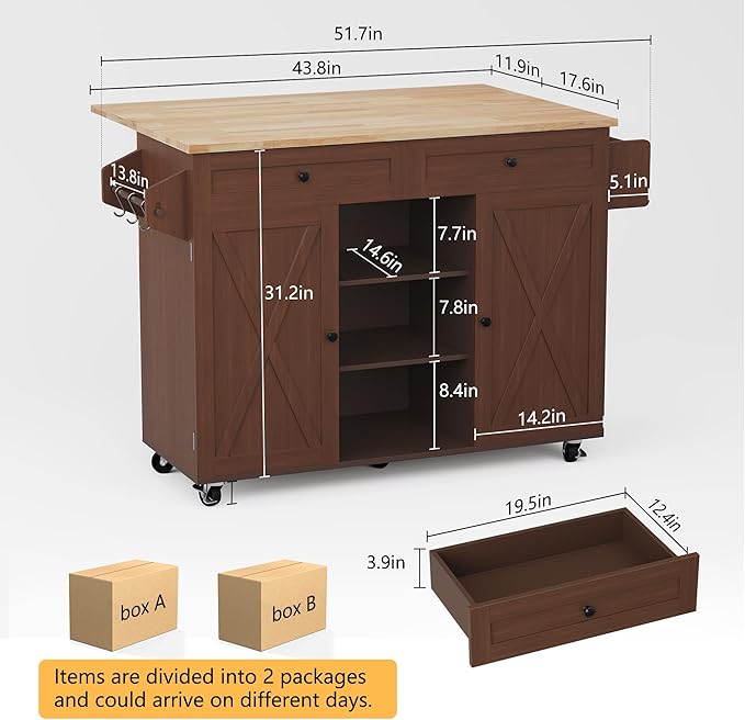 HLR Kitchen Island On Wheels, Brown Rolling Kitchen Island Cart with Solid Wood Drop Leaf Breakfast Bar, Barn Door Kitchen Islands with Storage Cabinet and Tower Rack, Island Table for Kitchen