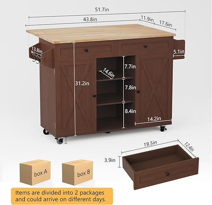 HLR Kitchen Island On Wheels, Brown Rolling Kitchen Island Cart with Solid Wood Drop Leaf Breakfast Bar, Barn Door Kitchen Islands with Storage Cabinet and Tower Rack, Island Table for Kitchen