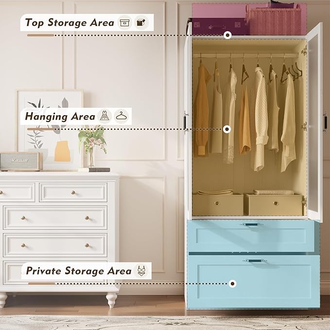 MEISSALIVVE 2 Door Wardrobe Cabinet with Hanging Rod & 2 Drawers, 70.9''H Armoire Wardrobe Closet with Frosted Glass, Wardrobe Clothes Storage Closet Cabinet for Bedroom, Wood Grain