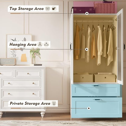 MEISSALIVVE 2 Door Wardrobe Cabinet with Hanging Rod & 2 Drawers, 70.9''H Armoire Wardrobe Closet with Frosted Glass, Wardrobe Clothes Storage Closet Cabinet for Bedroom, Wood Grain