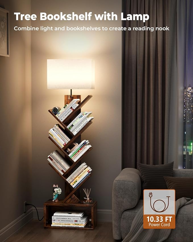 Evermagin 6 Tier Tree Bookshelf with Smart Light, Small Bookcase Tower with Remote Control, Tall Floor Standing Book Organizer for Living Room, Bedroom & Home Office, Rustic Brown