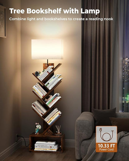 Evermagin 6 Tier Tree Bookshelf with Smart Light, Small Bookcase Tower with Remote Control, Tall Floor Standing Book Organizer for Living Room, Bedroom & Home Office, Rustic Brown