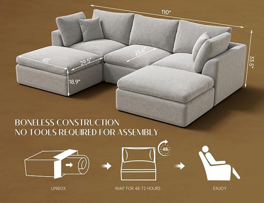 ohllob 110" Cloud Sectional Couches for Living Room, Boneless U Shaped Couch with Ottoman, 3 Seater Modular Sectional Sofa, Light Grey